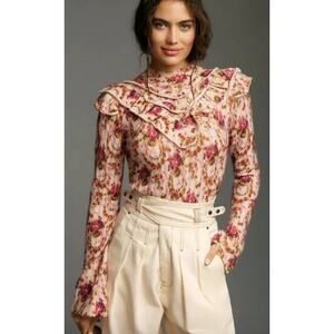 Anthropologie Victoria 100% Cashmere Ruffle Floral Crop Sweater Size medium